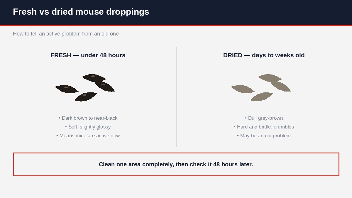 Fresh dark mouse droppings compared with older dried grey-brown mouse droppings