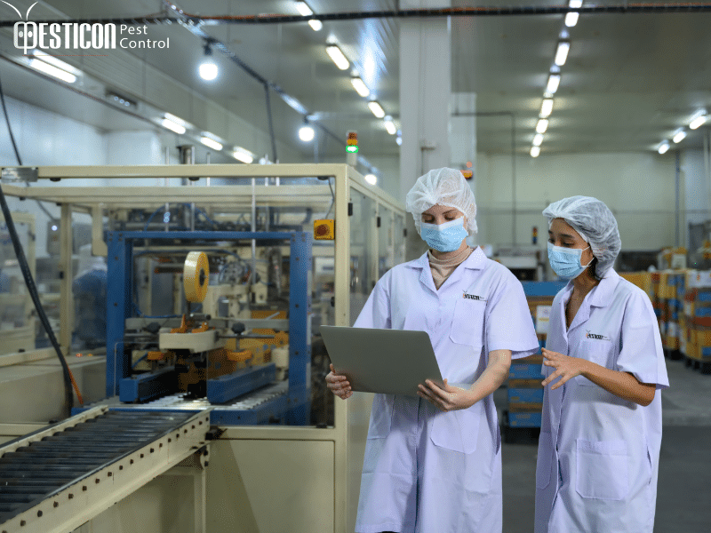 Food preparation factories pest control services near you showing Pesticon professionals monitoring hygiene and pest prevention inside a production facility